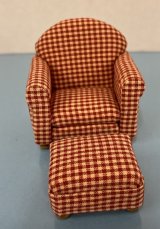 Deep Red and Tan Check Chair and Ottamon
