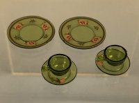 Decorated Dishes, Pink on Green, 6/Piece