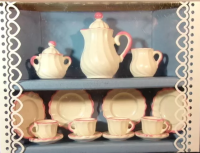 (image for) BODO HENNIG PORZELLAN DOLLHOUSE MINIATURE COFFEE SERVICE SET PINK/WHITE/NEW MINT