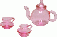 (image for) Pink Glass Teapot with 2 Saucers/Cups