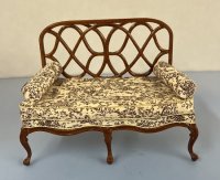 (image for) Walnut Finish Settee with Toile Pattern Upholstery