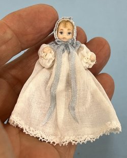 (image for) Baby in Christening Dress with Blue Silk Trim