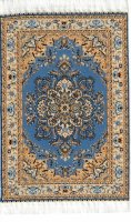 (image for) Turkish woven rug in blue with gold details and white fringe