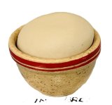(image for) Rising bread in a stoneware mixing bowl with double red stripe near the top