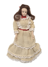 Handpainted Porcelain Brunette Doll in Linen Colored Dress (image for) Handpainted Porcelain Brunette Doll in Linen Colored Dress