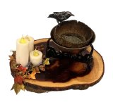 (image for) Cedar Wood Table on Acorn Base with Candles and Crow on Bowl of Water