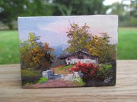 (image for) Signed Oil Painting of a House/Cabin w/ Mountains & Trees