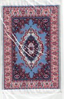 (image for) Woven Turkish rug with blues and red and white fringe