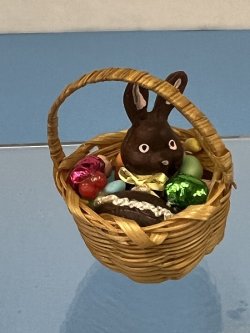Vintage Easter Basket full of Treats with a Chocolate Bunny