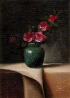 (image for) Original Oil Painting Still Life Pink Roses in Blue Green Vase