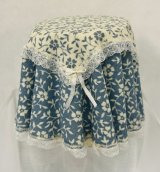 Blue and white cloth covered table with silk ribbon and lace trim (image for) Blue and white cloth covered table with silk ribbon and lace trim