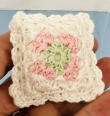 2" 2" square crochet pillow in white, green, and pink (image for) 2" 2" square crochet pillow in white, green, and pink