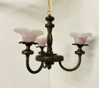 (image for) Three-Arm Brass Chandelier with Pink-plum Frost Shades