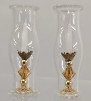 (image for) Pair of Gold and Amber Candlesticks with Hurricane Globes