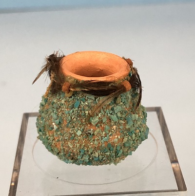 (image for) Clay Pot with Turquoises and Feathers - Click Image to Close