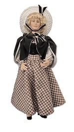 (image for) Handpainted Porcelain Doll with White Hat and Brown Check Skirt